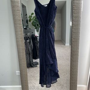 BB Dakota, tie waist dress with velvet polka dots. Navy blue